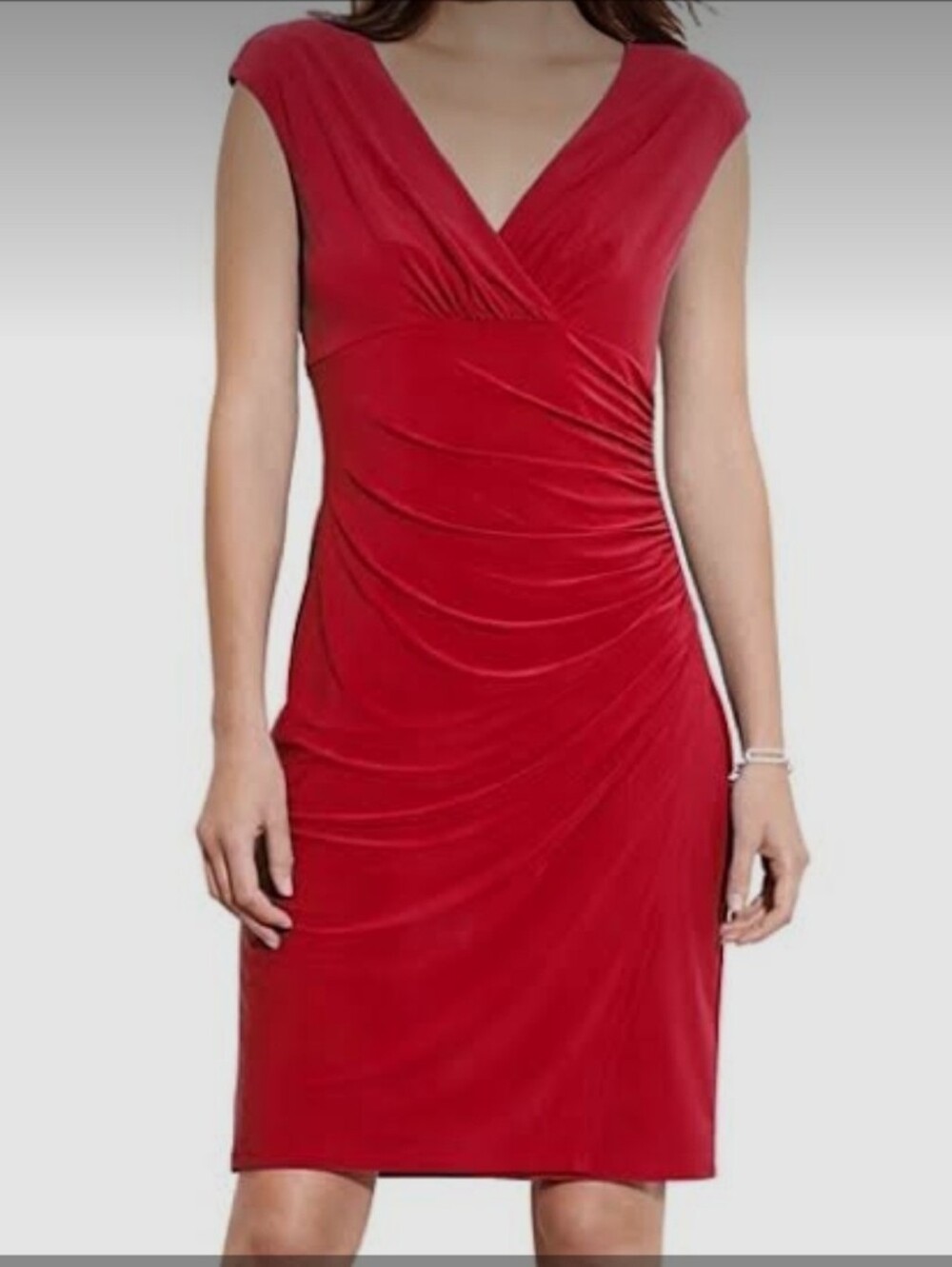 Ralph Lauren Vibrant Red Ruched V-Neck Midi Dress Size 10